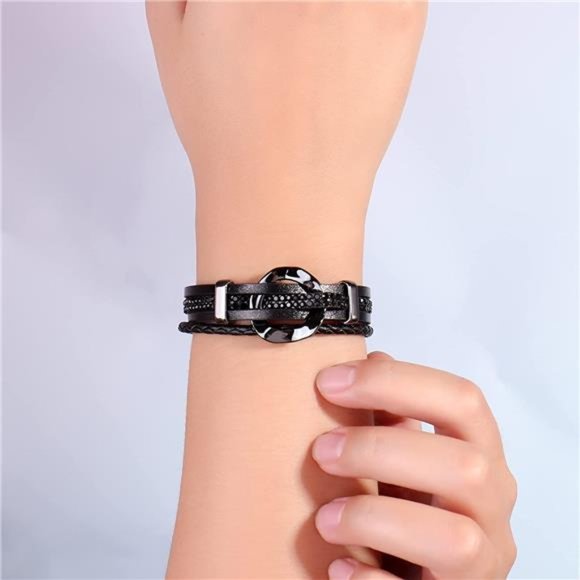 Circle Rhinestone Leather Wrap Bracelet Boho Gift for Women - Picture 3 of 7